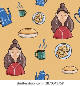 Vector seamless pattern with girl, cookies, pie, kettle and a cup with a hot drink. Colorful tile. Cooking and selfcare