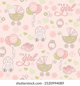 vector seamless pattern It’s a girl design with bunny, stroller, hearts, flowers, pacifier, shoes and rattler. Perfect for use in announcements, invitations, scrapbooking and background art.