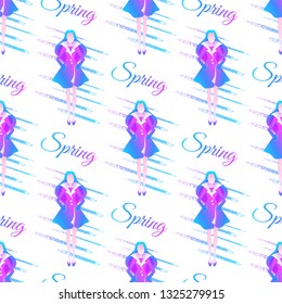 Vector seamless pattern with girl in holographic coat isolated on the white background with diagonal brush strokes and text Spring.