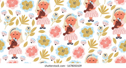 Vector seamless pattern of a girl hugging yorkshire terrier puppy in cartoon hand drawn style with spring flowers on white. Kids pattern design with spring mood. Dog owner with dog, dog walk