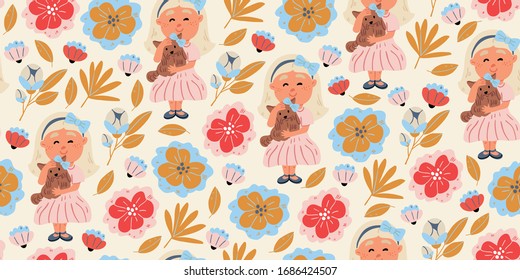 Vector seamless pattern of a girl hugging yorkshire terrier puppy in cartoon hand drawn style with spring flowers on white. Kids pattern design with spring mood. Dog owner with dog, dog walk