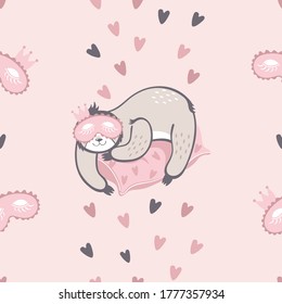 Vector seamless pattern girl sloth bear sleeps on a pillow in a sleep mask. Pattern for printing on textiles, paper, wallpaper, packaging.