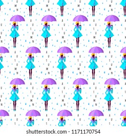 Vector seamless pattern of a girl in turquoise coat with violet umbrella standing in the rain isolated on the white background. Text Autumn.