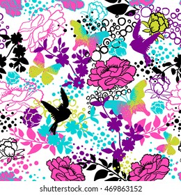 Vector seamless pattern for girls with birds, butterfly and flowers. Stylish graphic design.  Fashion Girlish print.