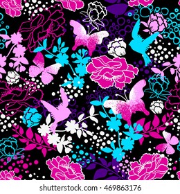 Vector seamless pattern for girls with birds, butterfly and flowers. Stylish graphic design.  Fashion Girlish print
