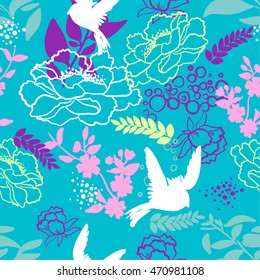 Vector seamless pattern for girls with birds, butterfly and flowers. Stylish graphic design. Fashion Girlish print.