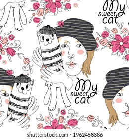 Vector seamless pattern with girls and cats. Portrait of friends. People and animals.