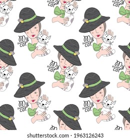 Patrón vectorial sin fisuras con niñas y gatos. Retrato de amigos. Personas y animales.