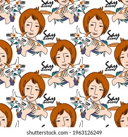 Vector seamless pattern with girls and cats. Portrait of friends. People and animals.