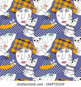 Vector seamless pattern with girls and cats. Portrait of friends. Girl with hat and pretty cat. People and animals.