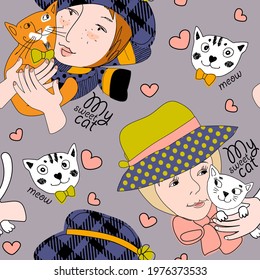 Vector seamless pattern with girls and cats. Portrait of friends. Girl with hat and pretty cat. People and animals. Text. My sweet cat.