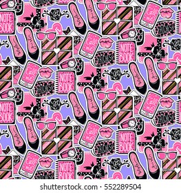 Vector seamless pattern with girls elements: shoes, hearts. glasses, bag, gift box, accessories, notebook, flower. Cute glamour repeat background. Trendy fashion design. Stylish template for girl.