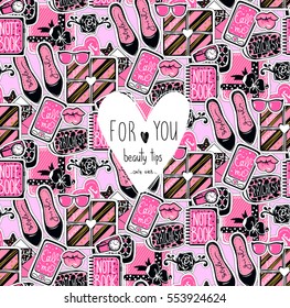 Vector seamless pattern with girls elements: shoes, hearts. glasses, bag, gift box, accessories, notebook, flower. Cute glamour repeat background. Trendy fashion design. Stylish template for girl.