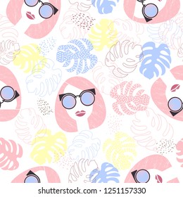 vector seamless pattern girl's face with glasses and tropical leaves, summer print on clothes