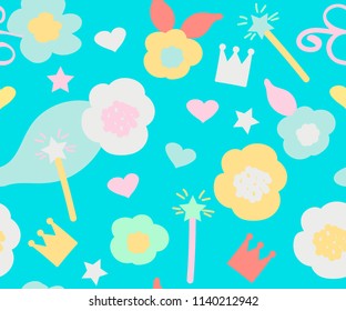 Vector seamless pattern for girls: flowers, crown, magic wand, hearts, stars