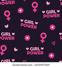 Vector seamless pattern for girls with lettering, decorative hearts and flowers in pink and purple colors.