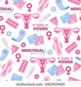 Vector seamless pattern for girls with menstruation symbols includes 