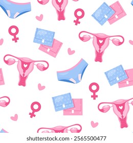 Vector seamless pattern for girls with menstruation period symbols.