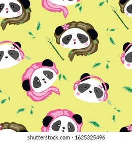 Vector seamless pattern with girls pandas on a yellow background.