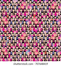 Vector seamless pattern with a lot of girls  in pink and violet colors