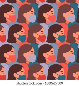 Vector seamless pattern with girls wearing face medical masks, respirators. Coronavirus COVID-2019 concept.