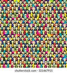 Vector seamless pattern with a lot of girls and women of different ages in multicolor clothes
