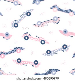 Vector seamless pattern, girly racing cars in pink and blue colors
