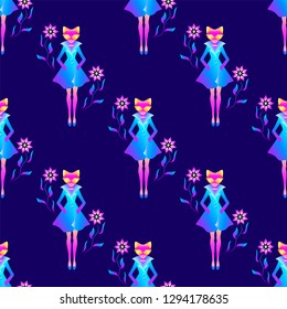 Vector seamless pattern with glamour anthropomorphic pink cat in gold glasses and holographic clothes with two big flowers on the dark blue background. 