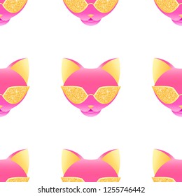 Vector seamless pattern of glamour cats pink face with golden glasses isolated on the white background.