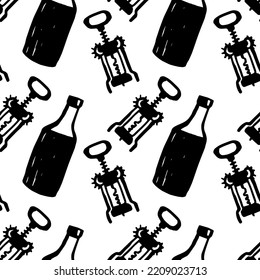 Vector seamless pattern is a glass bottle and a corkscrew on a white background. Doodle illustration. For menus, book illustrations, postcards, prints on fabric and scrapbooking paper.