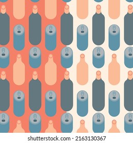 Vector seamless pattern of glass bottles and metal cans in flat retro style