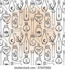 Vector seamless pattern with glass flasks. Magic potions: tubes and bottles. Ink on aged paper. Titled illustration. Science lab doodle style sketch, Magical elements. Alchemy and vintage science. 
