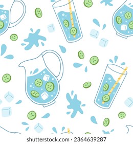 Vector seamless pattern with glass and jug of water. Water with cucumber slice, ice and water splashes on white background.