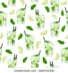Vector seamless pattern with glass of lemonade or mojito cocktail with flying mint and lime citrus fruit on white background. Summer party backdrop with fresh drinks, mint leaves and slice of lime.