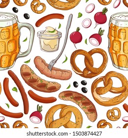 Vector seamless pattern with glass mug of beer , different sausages (smoked, frankfurter), pretzels, sauce, radish, green mint, black olive. Colirful food design. October fest