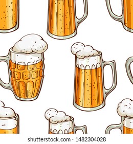 Vector seamless pattern with glass mugs of beer. October fest holiday design.