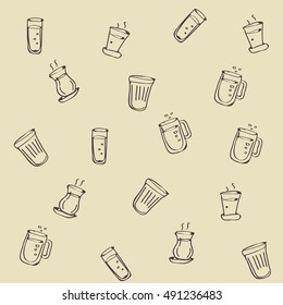 Vector seamless pattern of glasses and drinks in cartoon style. Hand drawn illustration design for decoration, wallpaper, gift paper, craft paper, menu, web, textile, postcards.