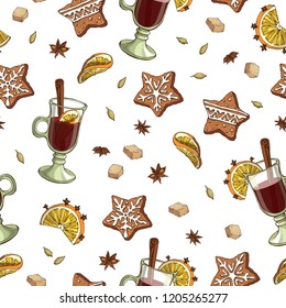 Vector seamless pattern with glasses of mulled wine with sliced orange, brown sugar, cinnamon, cardamom and pretty star formed gingerbread with icing. On white background. Winter design.