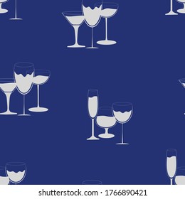 Vector seamless pattern of glasses for various drinks on a blue background.