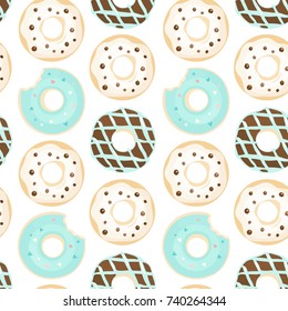Vector Seamless Pattern with glazed donuts. Color illustration of chocolate, mint, glazed donuts.