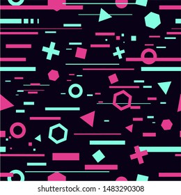 Vector seamless pattern with glitch effect. Trendy memphis texture with abstract shape. Cyberpunk futuristic decor.