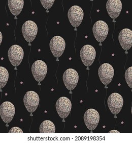 Vector seamless pattern. Glitter balloons on black background.
