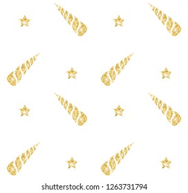 Vector seamless pattern of glitter golden unicorn horn isolated on white background 