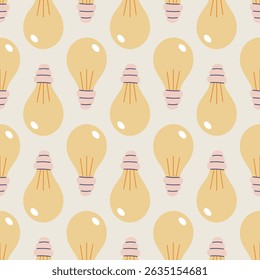 Vector seamless pattern with glowing electric light bulb with soft lines and minimal design. Great for education, creativity, ideas, energy concepts, and school projects.