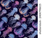 Vector seamless pattern with glowing jellyfish