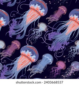 Vector seamless pattern with glowing jellyfish