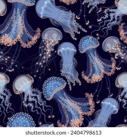 Vector seamless pattern with glowing jellyfish