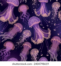 Vector seamless pattern with glowing jellyfish