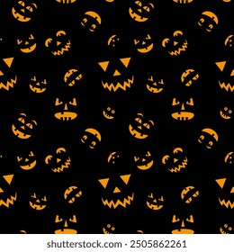 Vector Seamless pattern Glowing Pumpkin Faces. Endless texture for wallpaper, web page background, wrapping paper and etc. Glowing and looking out of dark creepy snouts of creatures, isolated on black