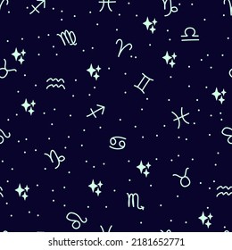 Vector seamless pattern with glowing zodiac signs, small stars on a dark blue background. For printing,packaging,textiles,children's design,wallpaper, web design. Astrological hand-drawn template